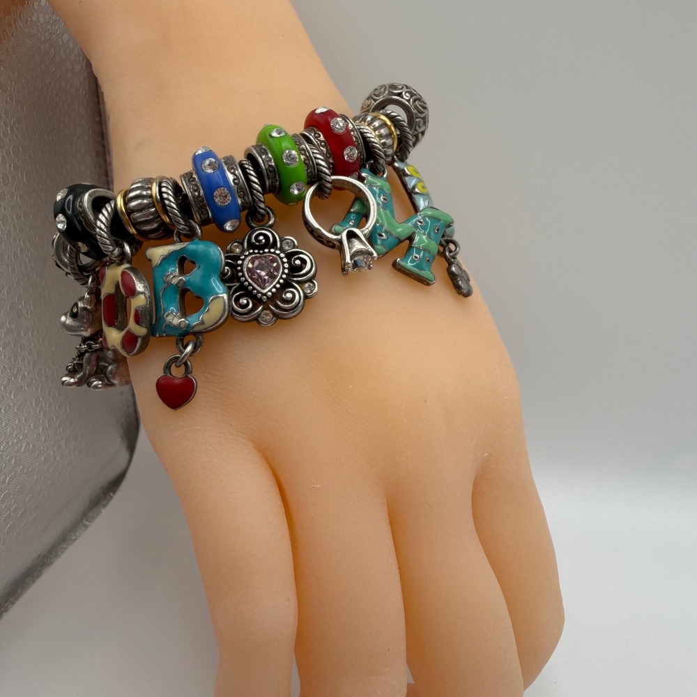 Brighton Charm Bracelet 18‎ Charms Enamel Hearts Dog Letters Crystals Boho
